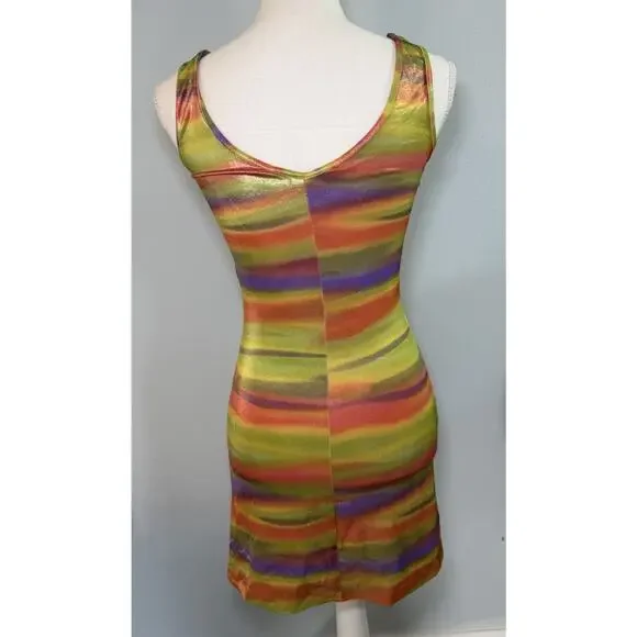 Y2K Rainbow Swirl Bodycon Mini Dress Ruched Bust Stretch Festival Clubwear Sz S - Picture 3 of 4